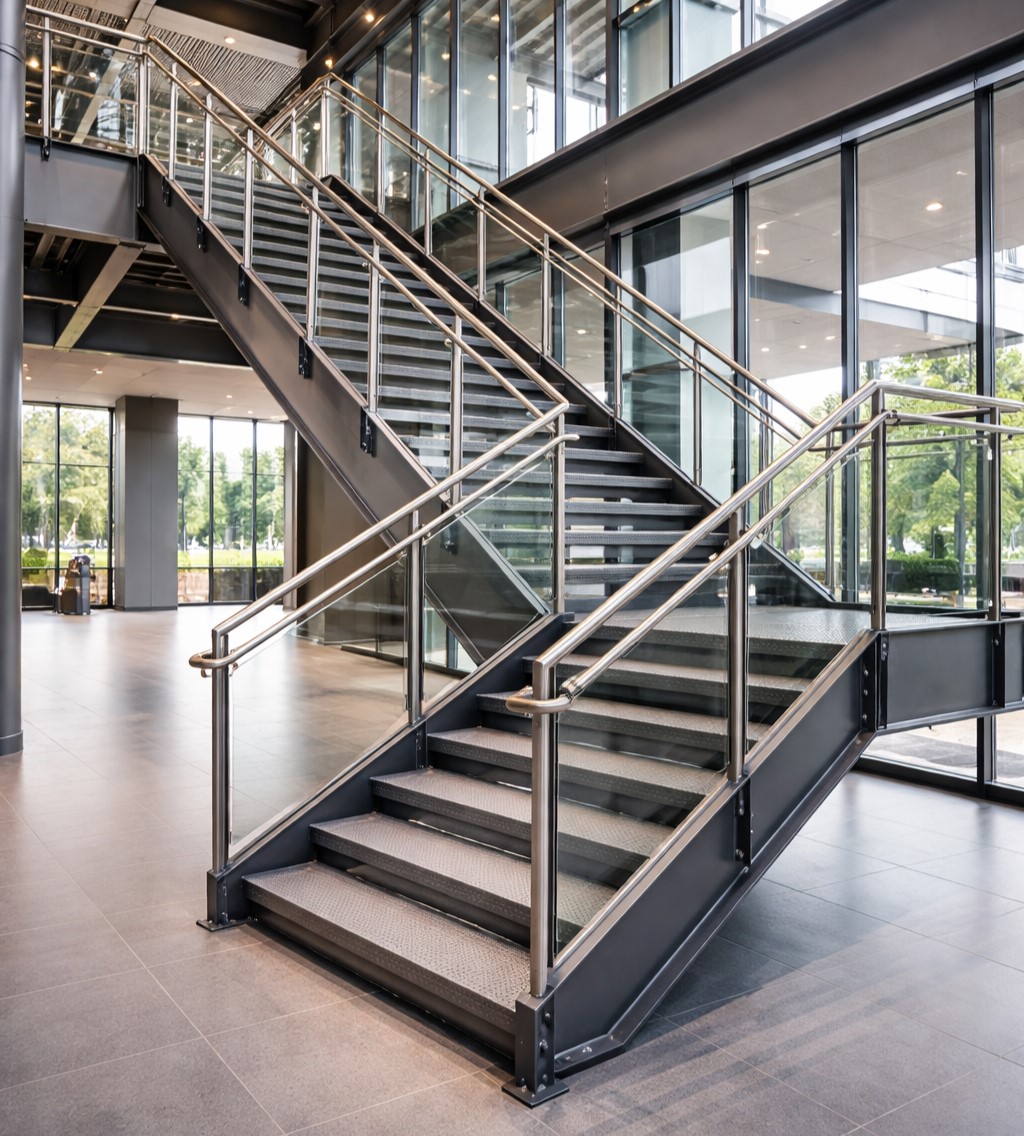 Pre-engineered modular steel stairs installed in a multi-story commercial project in DFW