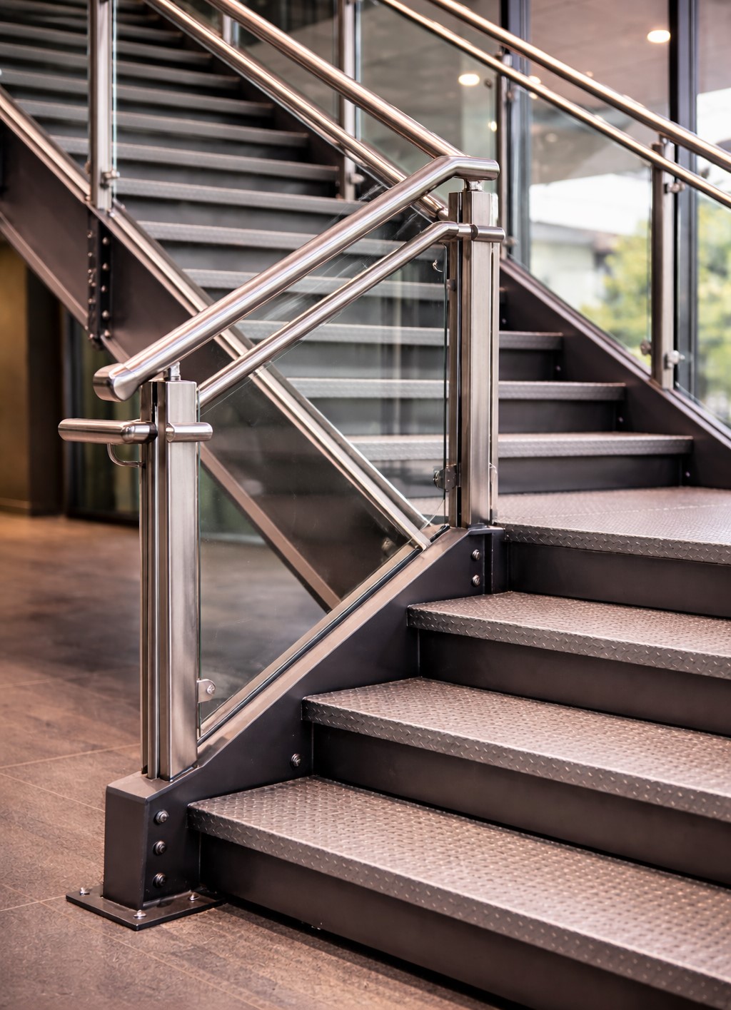 Heavy-duty industrial steel stair system with code-compliant safety railings and platforms